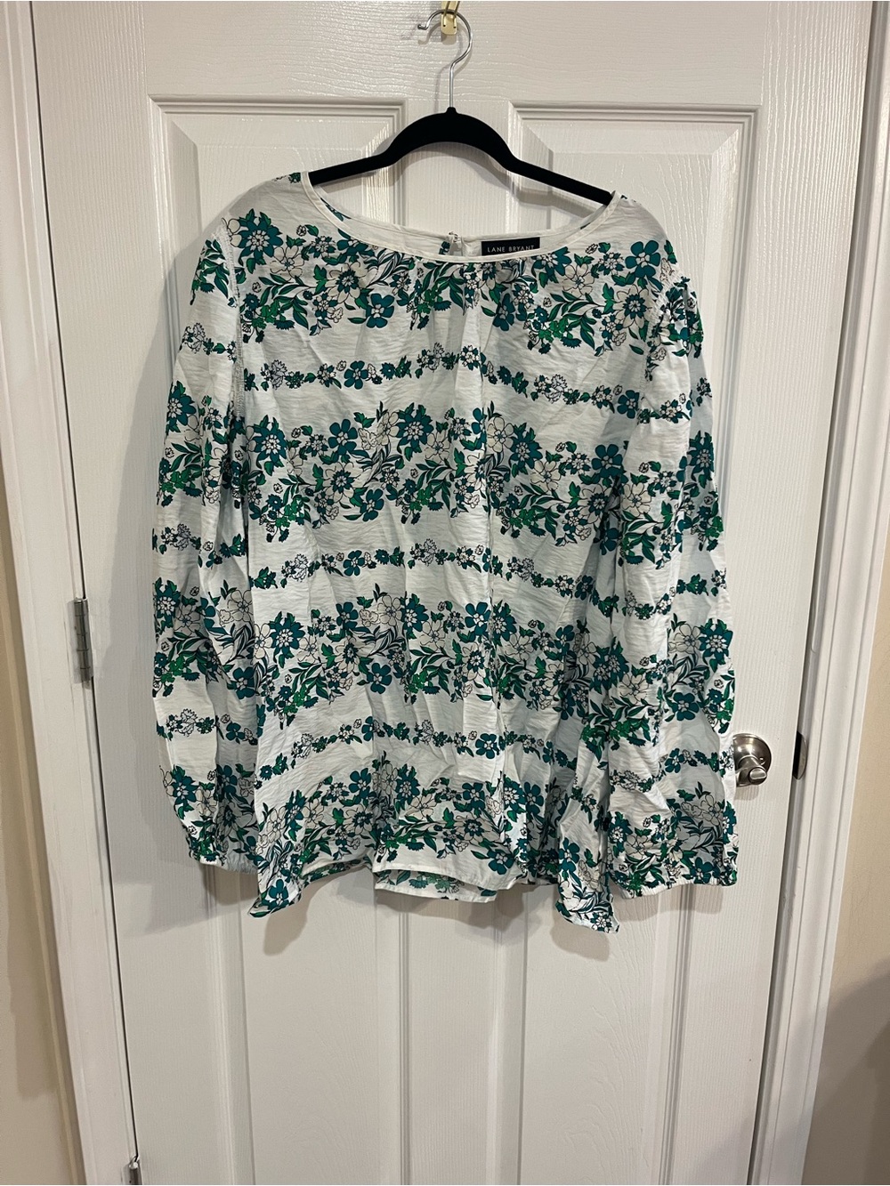 Lane Bryant White Floral Stripe Blouse with Teal Accents